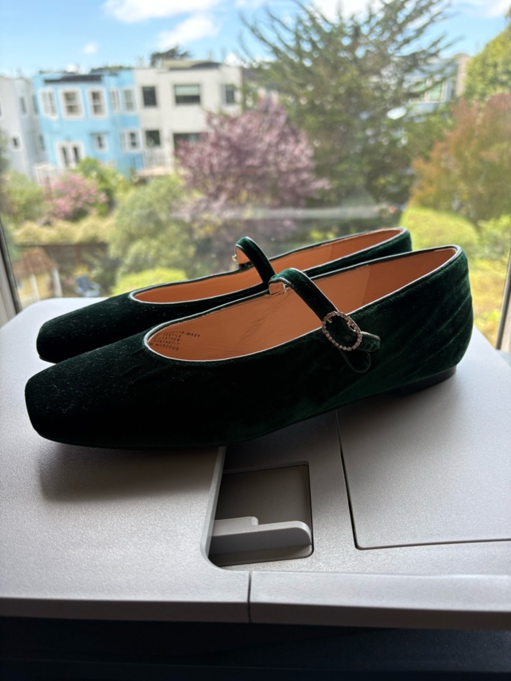 J. Crew Forest Green Velvet Mary Jane Flats with Rhinestone Buckle